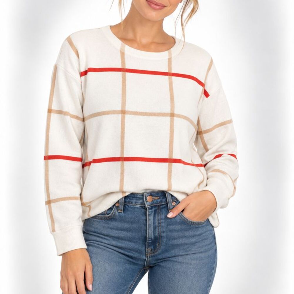 Tahari M Ivory Red Tan Windowpane Plaid Button Back Sweater